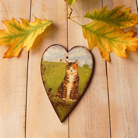 Two Sides Wooden Hanging Heart Plaque Decoupaged Decorations Cats