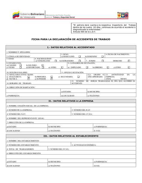 Ficha Para La DeclaraciÓn De Accidentes De Trabajo I