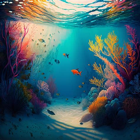 Premium AI Image | A painting of a coral reef with a fish swimming ...