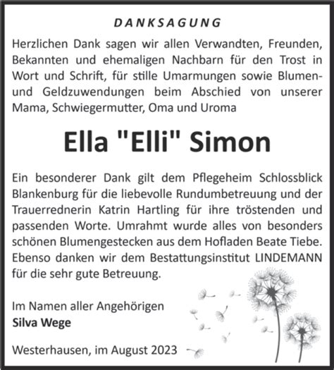 Traueranzeigen Von Ella Simon Abschied Nehmen De