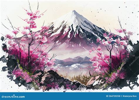 Japanese Landscape With Mount Fuji And Sakura Cherry Tree In Blossom