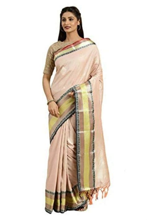 Buy Varkala Silk Sarees Women Peach And Navy Blue Embellished Silk Banarasi Kanchipuram Saree