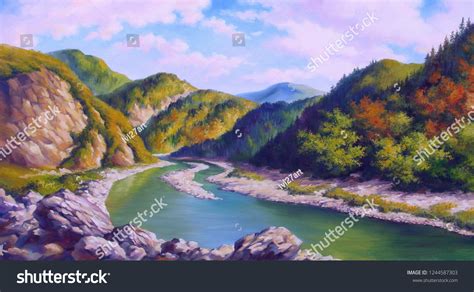 Mountain Autumn Landscape River Oil Painting Stock Illustration ...