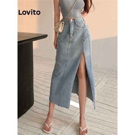 Lovito Casual Plain Split Thigh A Line Midi Denim Skirt For Women