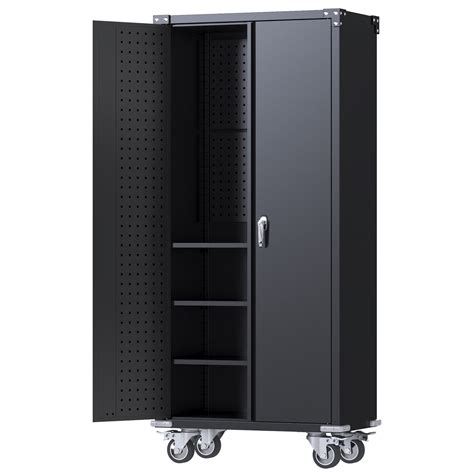 Jaord Black Metal Garage Cabinet With Pegboard And Wheels Tall