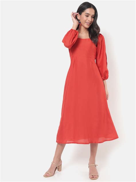 Buy Saaki Red Slit Sleeves A Line Midi Dress Dresses For Women