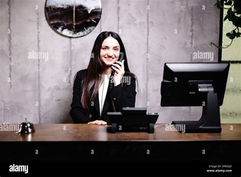 Hotel Receptionist Modern Hotel Reception Desk With Bell Happy Female