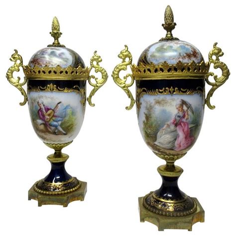 S Vres Porcelain Watteau Scene Ormolu Cobalt Blue Urns Vases Th