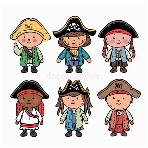 Six Cartoon Pirates Various Ethnicities Cute Illustration Pirate