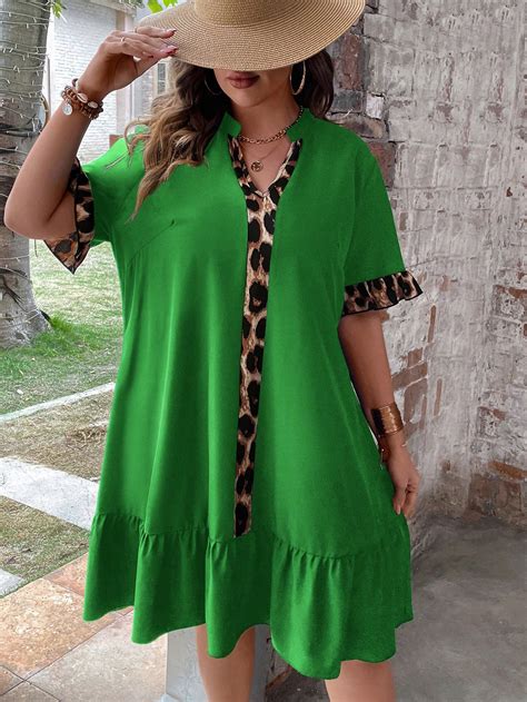 Shein Lune Vestido Smock Con Estampado De Leopardo De Cuello De Muesca