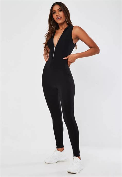 Missguided Black Zip Front Unitard Jumpsuit Black Jumpsuit Outfit