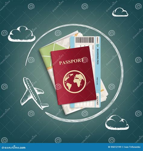 Plane Flies Around Passport With Ticket And Map Stock Vector