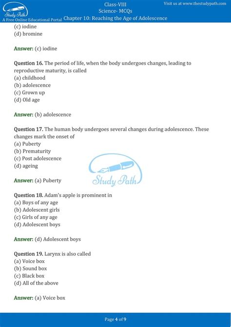 Class Science Chapter Reaching The Age Of Adolescence Mcq With Answers