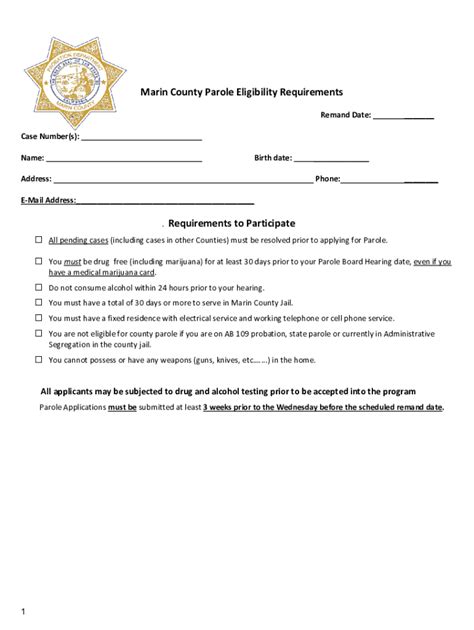 Fillable Online Marin County Parole Eligibility Requirements