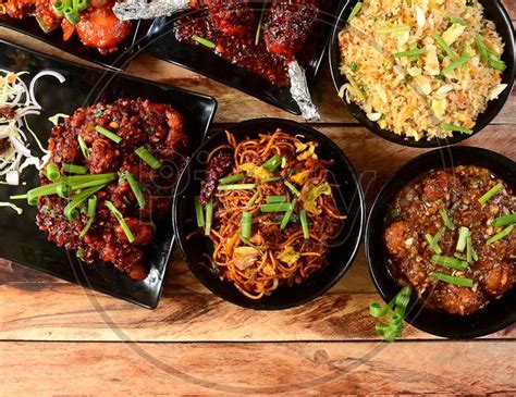 Image Of Assorted Indian Food On Wooden Background Egg Fried Rice