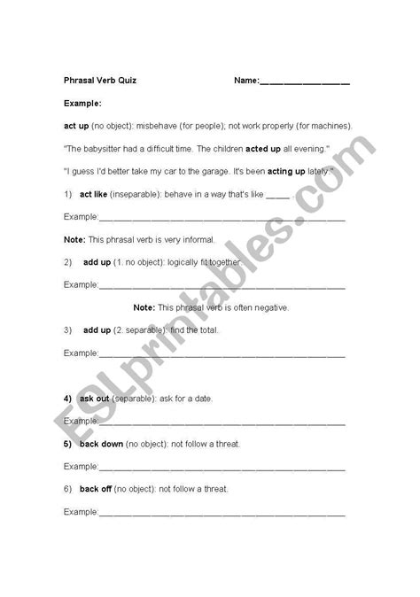 English Worksheets Phrasal Verb Quiz