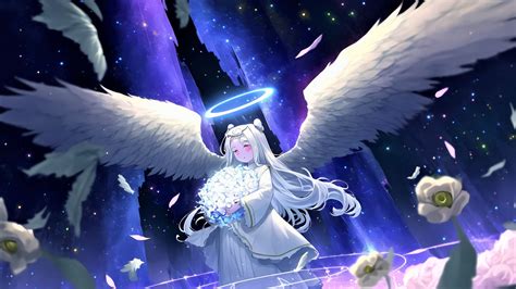 Anime Girl Angel With Wings White Dress Halo Bouquet Sky Flowers 4k Hd Anime Wallpapers Hd