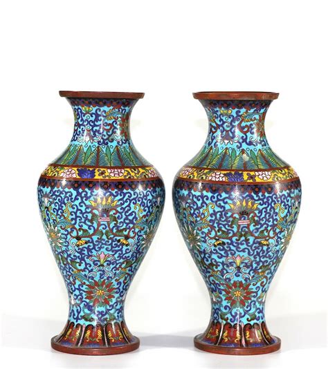 Pair Of Late Qing Or Republic Cloisonne Vases Made By Lao Tian Li A