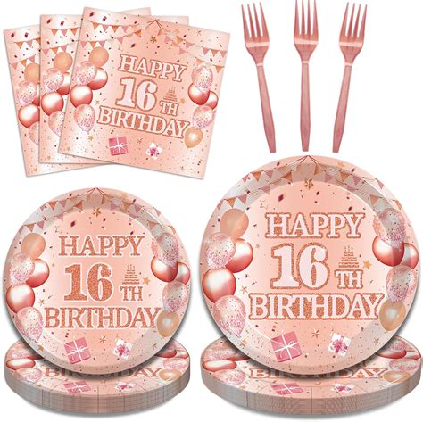 Huzobooby 96 Pcs Rose Gold 16th Birthday Plates And Napkins