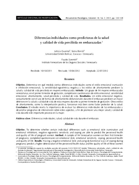 Pdf Diferencias Individuales Como Predictoras De La Salud Y Calidad De Vida Percibida En