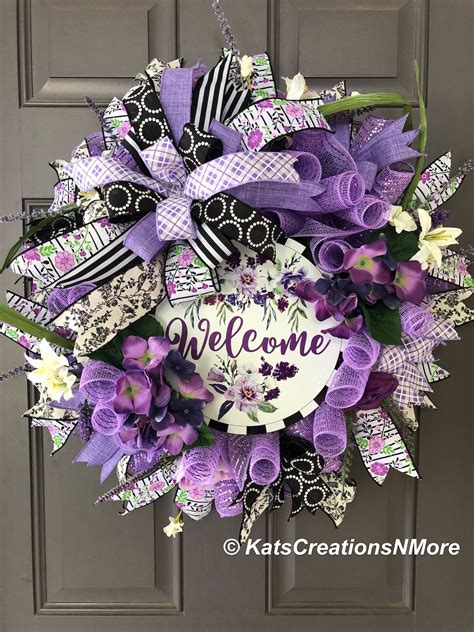 Purple Welcome Wreath Floral Front Door Decor Everyday Porch Etsy