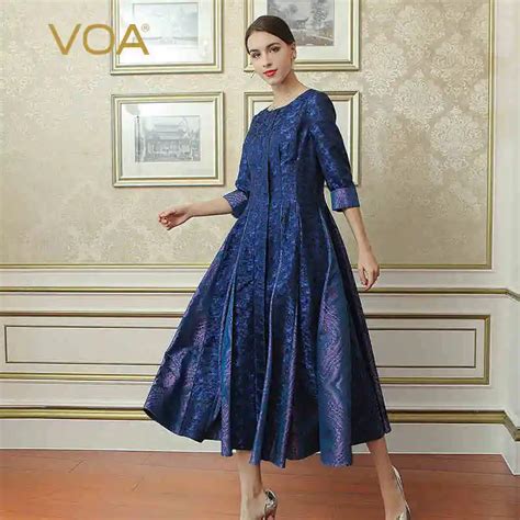 Buy Voa 2017 Autumn Winter New Dark Blue Plus Size Pleated Dress Vintage Silk