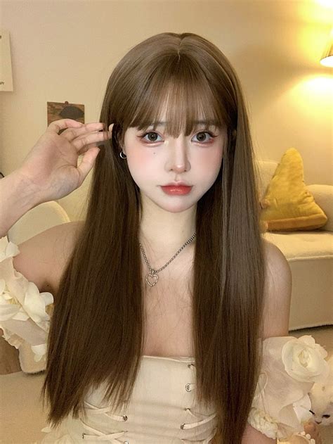 Long Straight Synthetic Wig With Bangs Straight Bangs Hairstyles Full Bangs Long Hair Brown