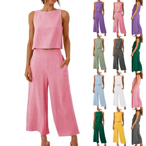 horkkom linen sets  women  piece solid color tank tops wide leg