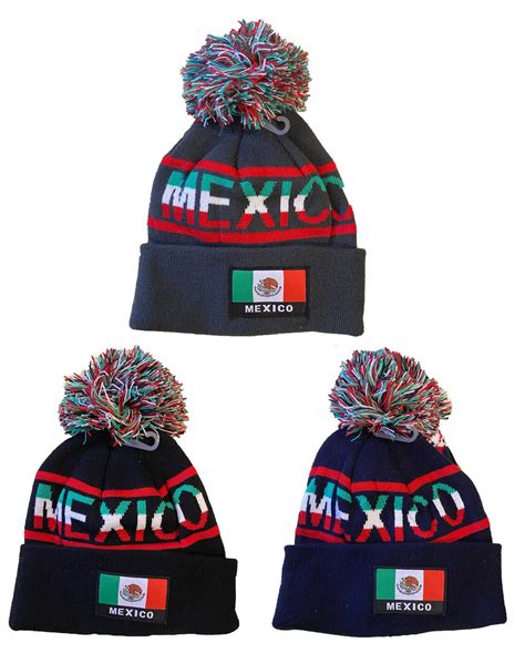 Mexico Flag Pom Pom Knit Beani Hat Etsy
