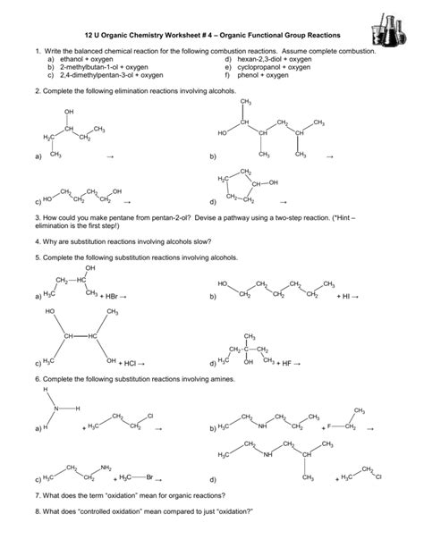 12 U Organic Chemistry Worksheet 4 Organic Functional Group — Db