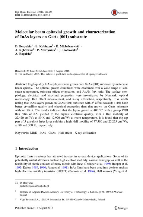 PDF Molecular Beam Epitaxial Growth And Characterization Of InAs