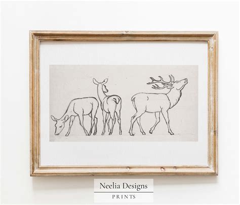 Deer Family Drawing Vintage Sketch Digital Print Wall - Etsy