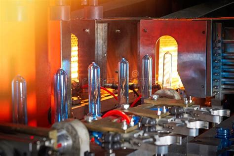 Modern Automated Mineral Water Bottling Line At The Plant Stock Photo