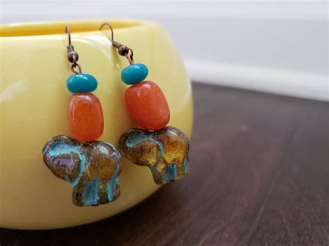 Turquoise Elephant Earrings Amber Turquoise Picasso Czech Etsy