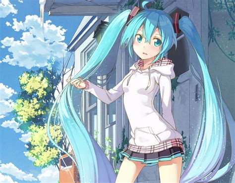 Aqua Eyes Aqua Hair Beek Building Clouds Cropped Hatsune Miku Hood Long