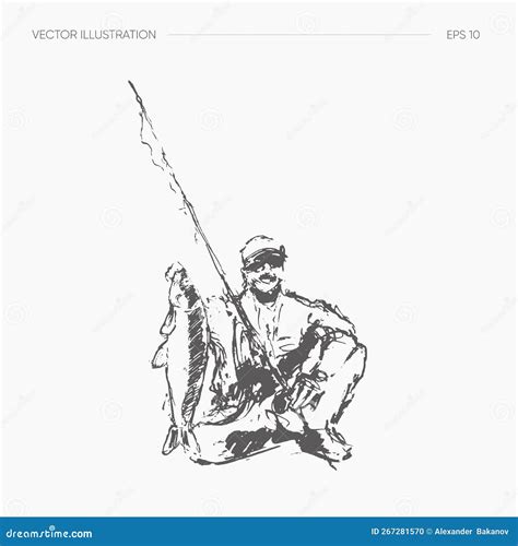 Fisherman Caught A Fish Hand Drawn Vector Stock Vector Illustration