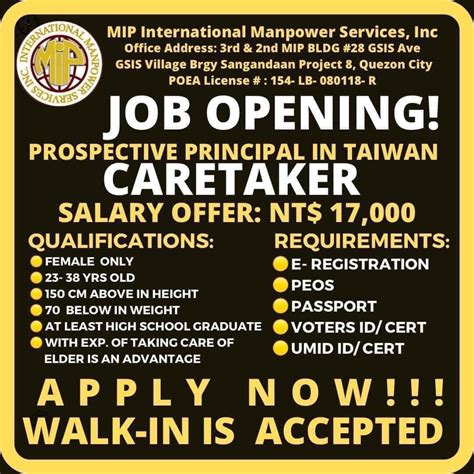 MIP International Manpower Services Inc Is Now Hiring Caretakers Bound