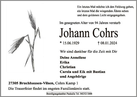 Traueranzeigen Von Johann Cohrs Trauer Kreiszeitung De