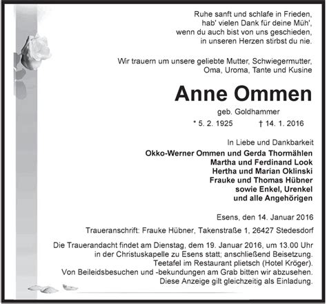 Traueranzeigen Von Anne Ommen Nordwest Trauer De