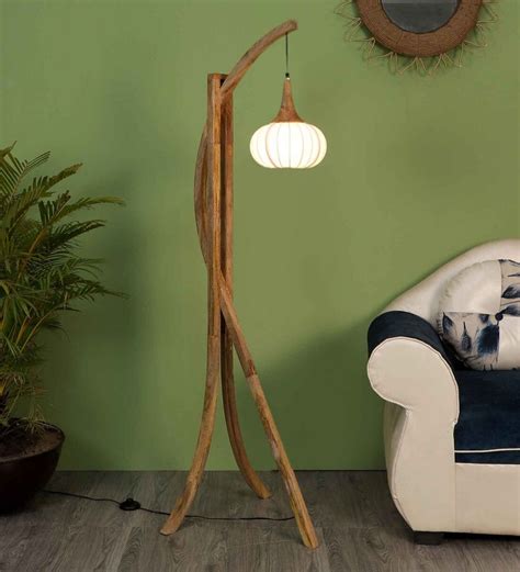 Buy Flemish White Fabric Shade Tripod Floor Lamp With Wood Base At 58