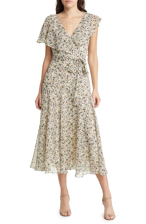 Ted Baker Taliar Circular Cuff Ruffles Floral Midi Dress In Natural Lyst