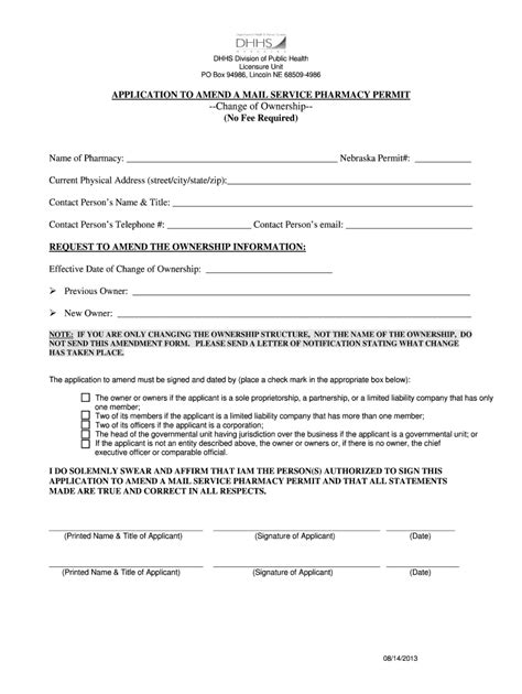 Fillable Online Dhhs Ne APPLICATION TO AMEND OWNERSHIP For MS PERMIT