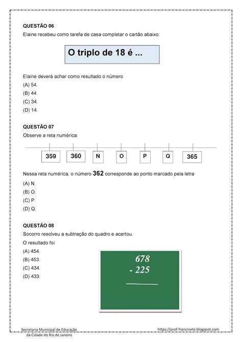 Prova De Matemática 4 Ano Para Imprimir Com Gabarito