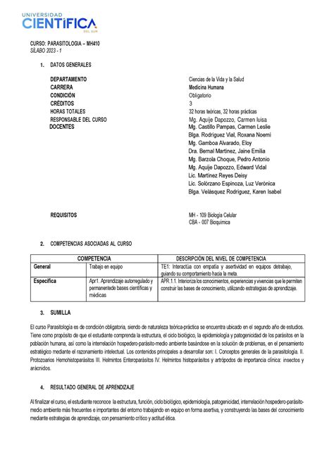 Parasitologia Silabo Aprobado 2023 Curso Parasitologia Mh SÕlabo