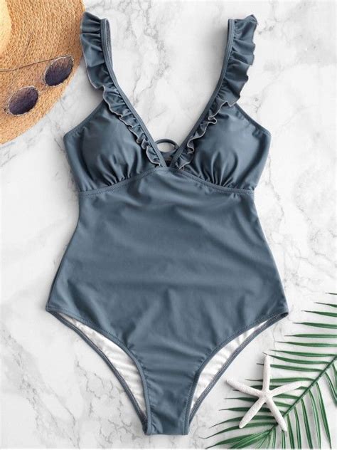 [53 Off] 2020 Zaful Frilled Lace Up One Piece Swimsuit In Slate Gray