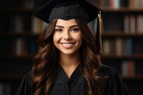 Feliz Y Hermosa Mujer Asi Tica Graduada Sonriendo Con Toga Y Birrete De