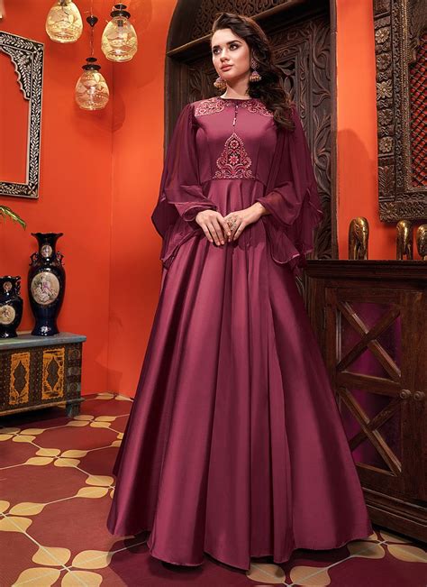 Burgundy Designer Silk Gown Suit - Indian Heavy Anarkali Lehenga Gowns Sharara Sarees Pakistani ...