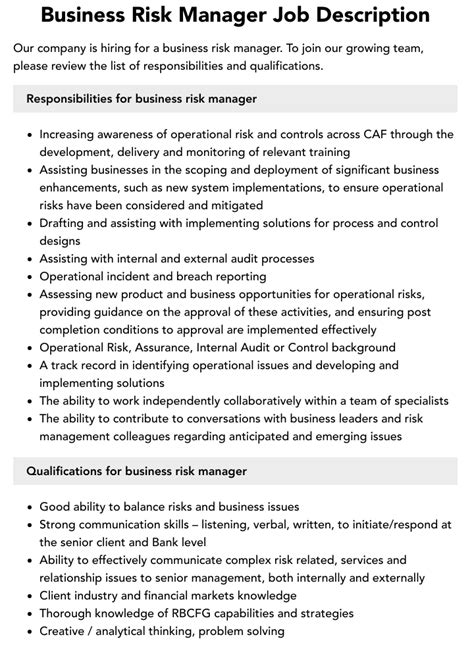 Business Risk Manager Job Description Velvet Jobs