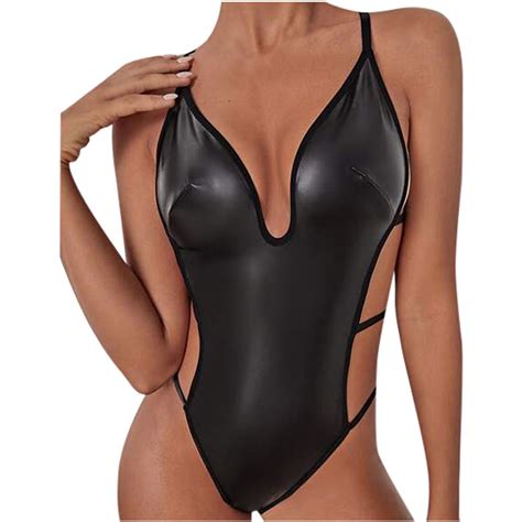 XFLWAM Leather Lingerie For Women Sexy Cutout Bodysuit Deep V Teddy One