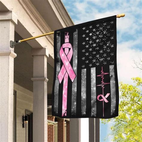 Pink Ribbon Line And Heartbeat American Flag Breast Cancer Awareness